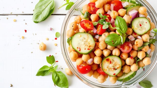 Fresh Healthy Chickpea Salad with Vegetables, Vegan Light Cold Side Dish for Daily Meal