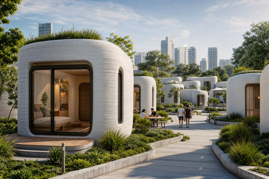 3D printed micro home community for Gen Alpha sustainable minimalist living modular pods and micro housing neighborhood showcasing affordable compact future homes and shared green spaces