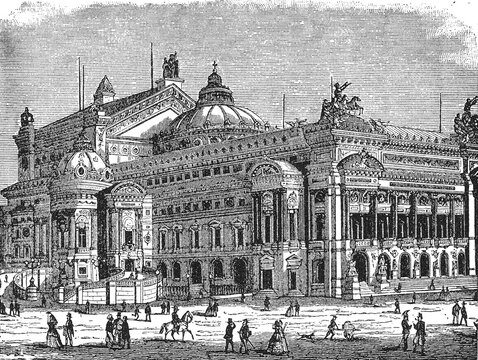 Paris Op&eacute;ra (Palais Garnier) Grand Fa&ccedil;ade with Domes, Columns, Statues, Elegant Figures, and Horse in Foreground, Old Vintage Illustration, 1898.