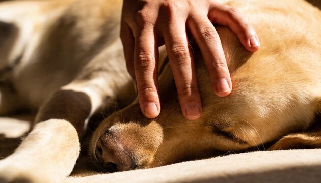 Caressing sleeping golden Labrador's face with human hand on soft blanket at home, sunlit fabric