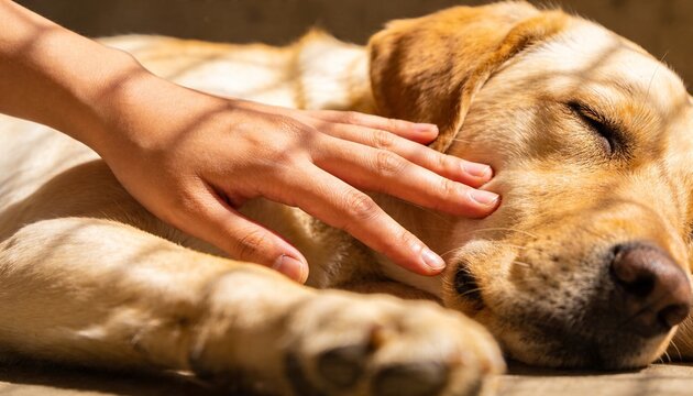 Lying golden Labrador-type dog soaking sunlight on warm-toned floor, human hand stroking fur