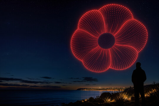 ANZAC Day silent tribute drone show forming giant red poppy over coastal night sky with lone silhouette honoring veterans April 25 remembrance