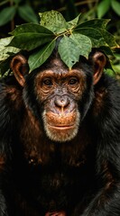 Fototapeta premium Chimpanzee with green leaf crown sits in forest. Close up primate face with intelligent eyes. Wildlife portrait. Jungle backdrop. Animal king. Nature background.