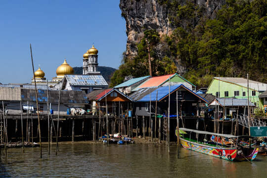 View from Phang Nga Bay of Ko Panyi, also known as Koh Panyee, a Muslime, floating, fishing village in Phang Nga Province, Thailand, notable for being built on stilts by Bugis fishermen.