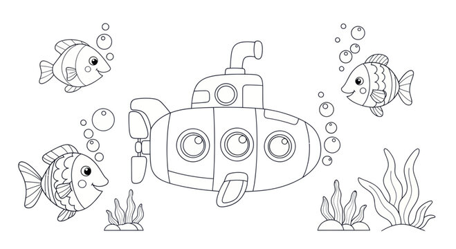 Underwater coloring page: Cartoon submarine with fish and seaweed
