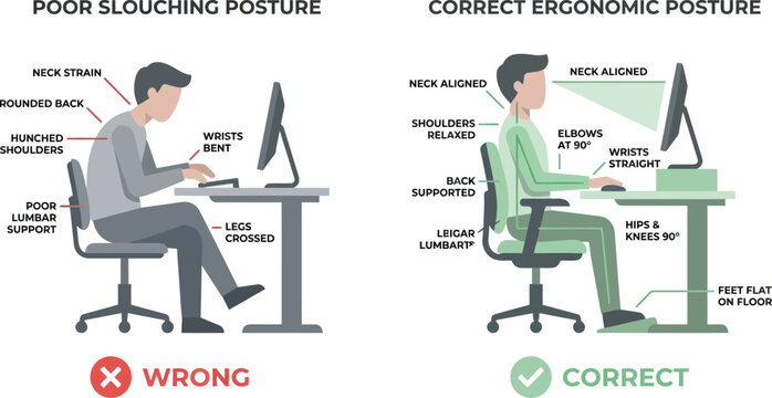 Ergonomic posture guide for office desk work, correct vs poor slouching posture comparison, healthy sitting position vector illustration
