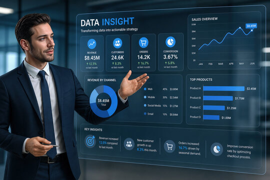 Businessman presenting data insight dashboard with sales overview revenue by channel conversion metrics modern interface and analytics visualization for corporate presentation and strategy meeting