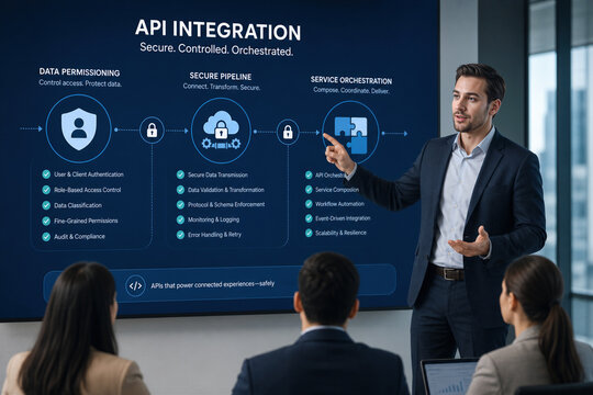 API integration presentation with data permissioning secure pipeline and service orchestration businessman explaining API security and orchestration concepts to team in meeting room detailed slide