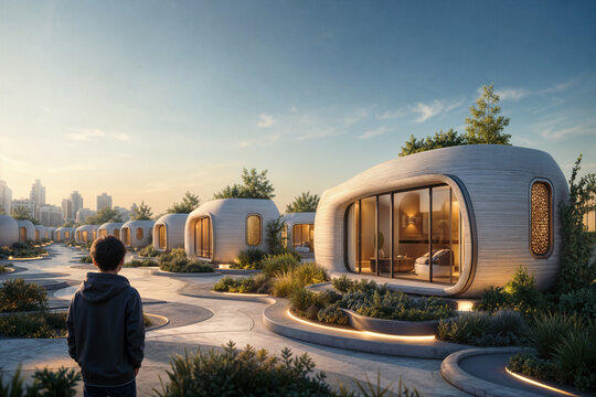 Gen Alpha housing pivot 3D printed micro‑pod community with modular sustainable mini dwellings smart facades organic pathways and lone anonymous youth observer
