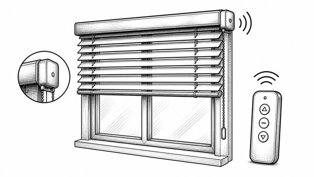 Modern automated window blinds with remote control illustration.