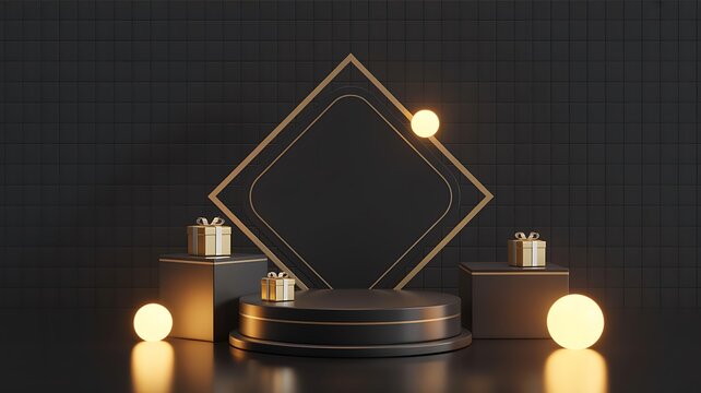 A minimalist product photography setup with a sleek podium and geometric shapes on a dark background