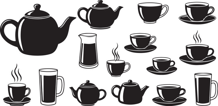 Vector silhouettes of teapots teacups and beverage mugs