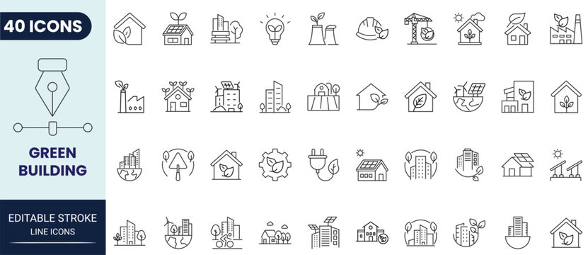 Green building icon set in outline style. Collection of green building, eco friendly, sustainability, environment, energy efficiency, and architecture icons. Editable stroke. Vector icon collection.