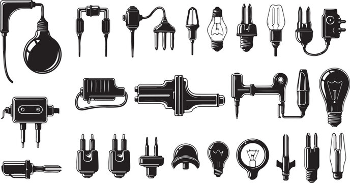 Light bulbs and electrical components silhouettes set