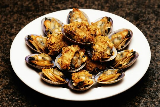 Plate full of cooked mussels with breadcrumbs on top. Seafood dish served on white plate, prepared with herbs and spices. Delicious meal is ready for eating.