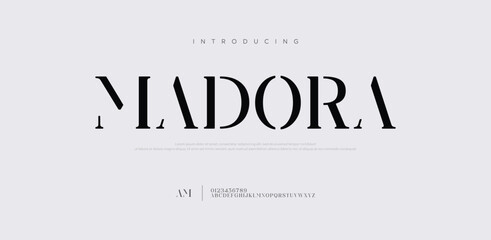 Fototapeta premium Madora, Lettering Fashion Designs. Modern elegant alphabet letters font and number. Minimalist typography fonts regular, typeface uppercase and lowercase. 