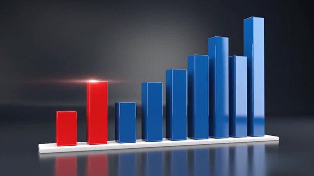 Dynamic animated statistical bar chart featuring seven vertical column elements where one prominent red pillar stands out against six blue ones as they oscillate with fluid upward motion.