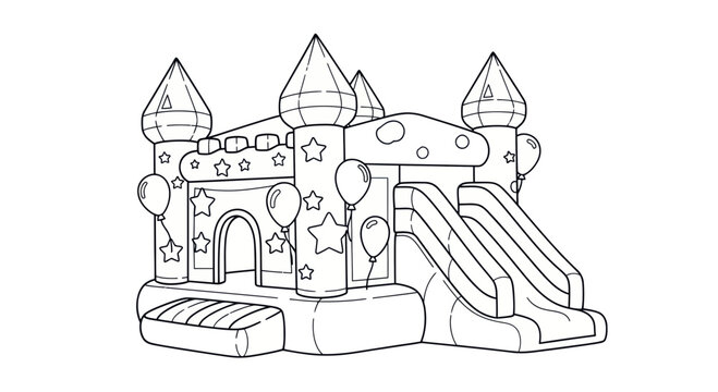 Bouncy Castle Outline Drawing: Fun Slide, Balloons, Stars - Kids Party Play