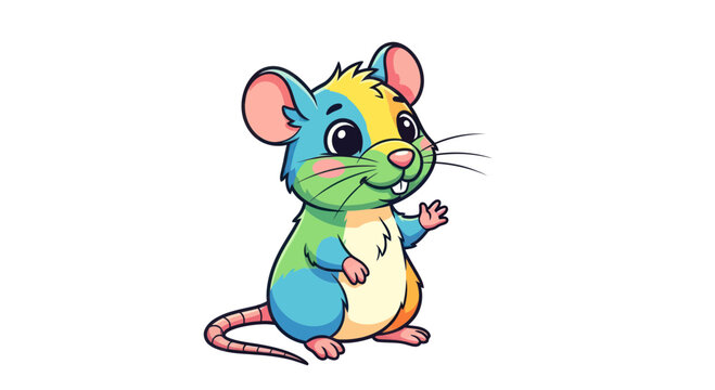 Cute cartoon mouse waving hello, colorful fantasy creature, white background