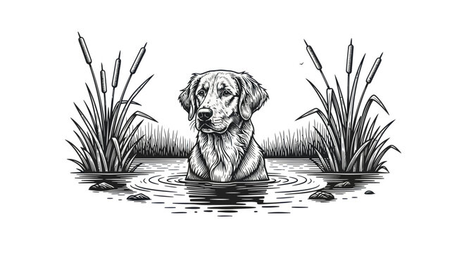 Labrador Retriever Dog in Water with Reeds Illustration