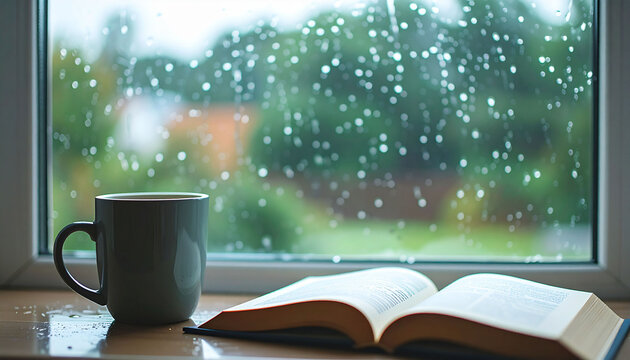 雨の日の窓辺とコーヒーカップと開いた本　落ち着いた読書タイムやリラックスした休息を表現するインテリア背景素材　コピースペースがある穏やかな日常の風景写真