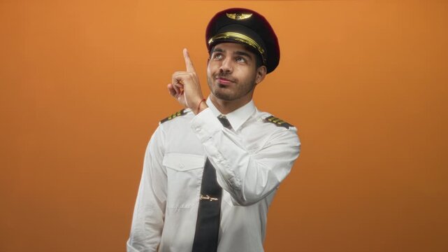 Man pilot points finger upward in studio wearing white shirt, tie and captain hat with epaulets; confidence aspiration.
