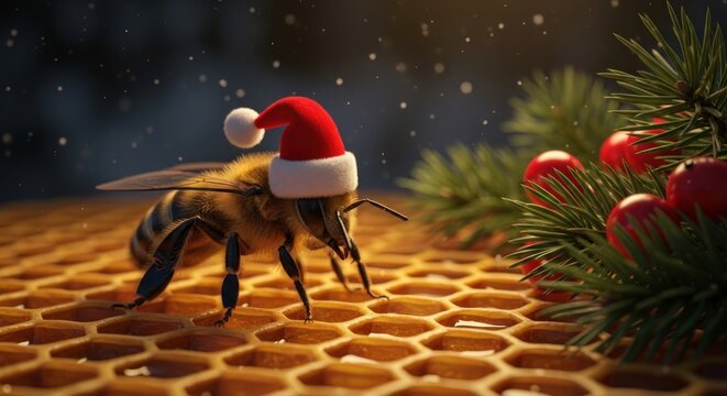 A festive bee wearing a Santa hat stands on honeycomb next to Christmas ornaments and pine.