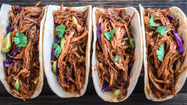 carnitas. Traditional Mexican street tacos with pork, avocado, and cilantro arranged on a rustic wooden surface. menu design.