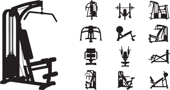 Gym exercise machine and fitness equipment silhouettes
