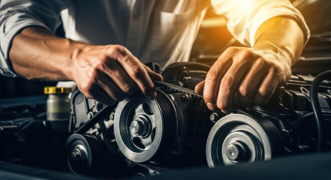 A person is adjusting car engine belts in a garage with their hands.