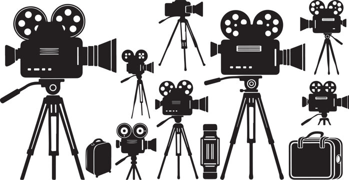Vintage and modern film cameras on tripods silhouette