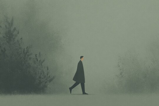 A man in a black coat walking through a foggy field surrounded by trees on either side.