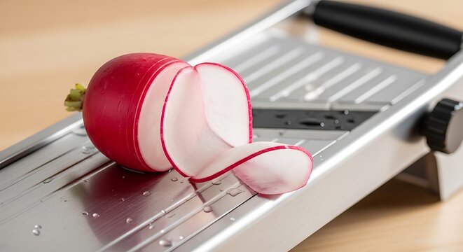 Sliced Radish on Mandoline Slicer, Fresh Vegetable Preparation