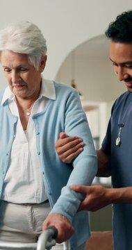 Nurse, old woman and help for walker in home for mobility, balance or support in retirement. People, guide and elderly patient with disability, walking frame or rehabilitation for healing at house
