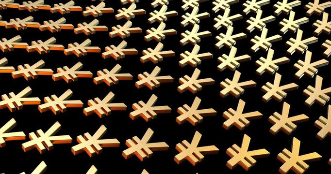 A 3D pattern of glossy golden yen and yuan currency symbols arranged in repeating rows against a dark background.