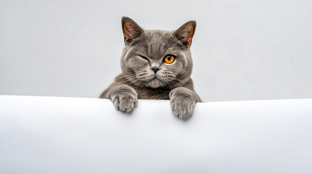 Playful Glance A charming gray cat winks playfully, its amber eye gleaming with a hint of mischief, capturing an endearing moment of feline charm.