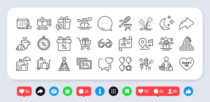 Handbag size, Sale gift and Ship travel line icons pack. Social media: share, comment, like icons. Accounting, Christmas tree, Fireworks rocket web icon. Vector