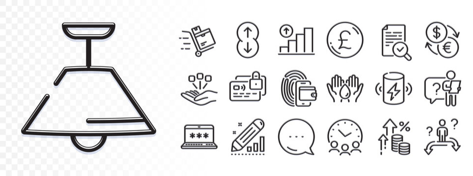 Pound money, Card and Inflation line icons for web app. Glare of light effect. Message icon. Pack of Inspect, Edit statistics, Scroll down pictogram icons. Vector