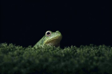 Fototapeta premium The is a closeup of a green frog sitting on a bed of green moss. the frog is facing towards the right side of the with its head slightly tilted upwards.