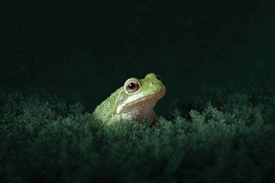 The is a closeup of a green frog sitting on a bed of green grass. the frog is facing the camera and its head is turned slightly to the side.