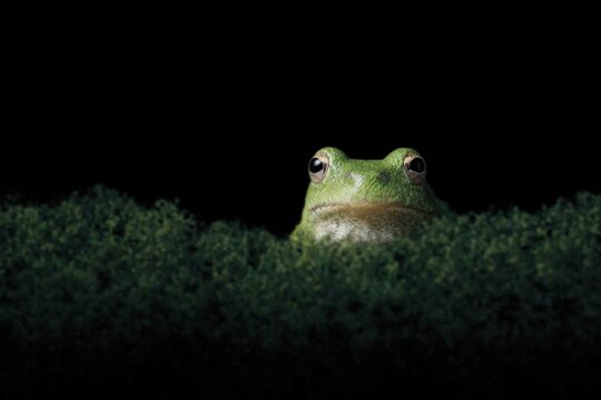 The is a closeup of a green frog sitting on top of a bed of green grass. the frog is facing the camera and its head is turned slightly to the side.