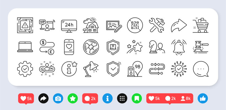Table lamp, Money transfer and Execute line icons pack. Social media: share, comment, like icons. Package protection, Info, Vip access web icon. Vector