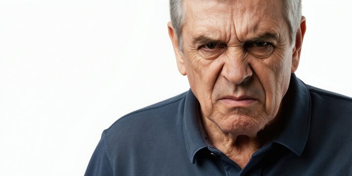 Elderly man with furrowed brow shows intense anger and frustration. His facial expression conveys deep displeasure and discontent. He looks directly ahead with a stern gaze.