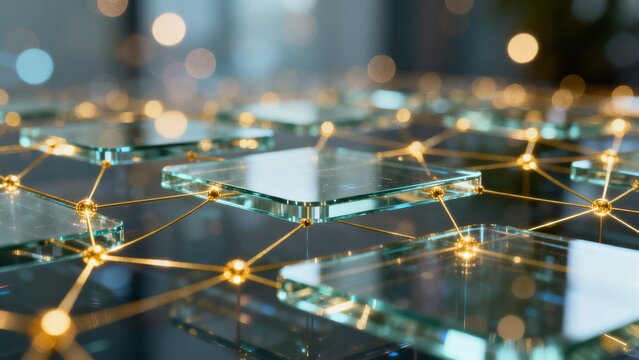Glass panels connected by golden nodes