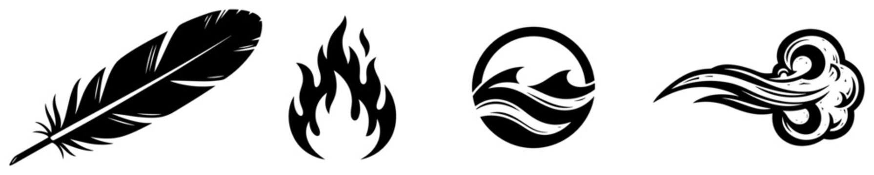Four nature elements symbols set, vector icons of fire flame water wave air feather and wind gust for environmental and spiritual design