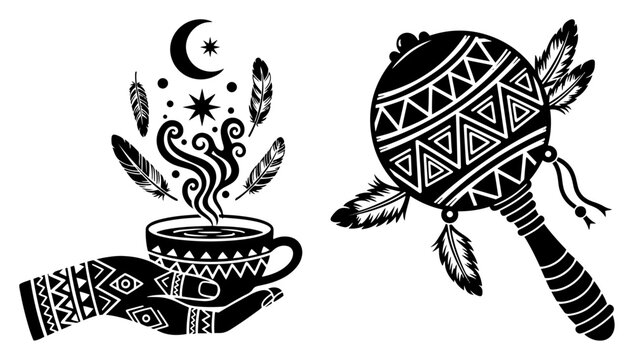 Ethnic boho tribal set with hand holding cup and ritual rattle, mystical spiritual elements with moon stars and feathers vector