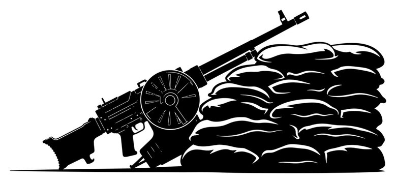 Machine gun and sandbags military fortification silhouette, army defensive position for war and history concept vector illustration