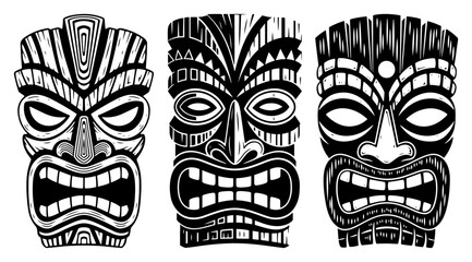 Tiki masks set of three Polynesian tribal wooden mask silhouettes for tropical party and summer beach decoration © Luka