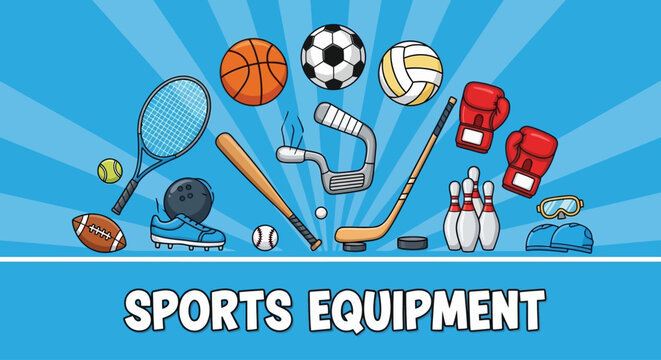 Collection of various sports equipment items on a blue background with sunburst pattern
