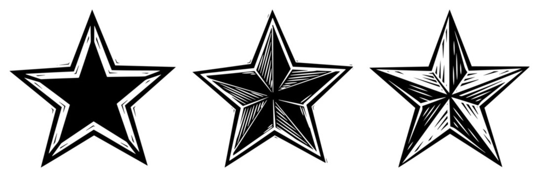 Vintage five-point star icons set, hand-drawn and bold nautical star shapes for rating and reward symbol design